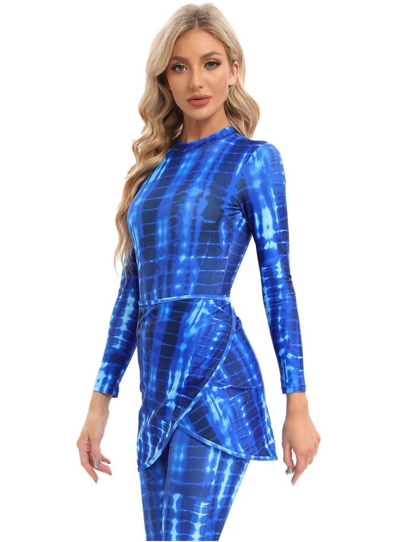 NIBEMINENT - Womens Muslim Swimsuits Tie Dye Top Swim Pants with Long Sarong Cover up Wrap Skirt Swimwear Modest Bathing Burkinis Suit 4PCS - Image 1