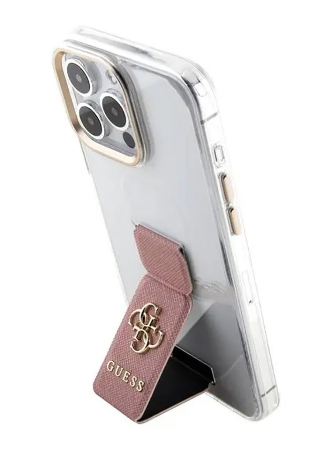 GUESS iPhone 15 Pro Max Case Grip stand Clear Back Cover with Saffiano Grip Leather and 4G Logo / Drop Protection / Easy Snap-On / Slim Profile - Pink - Image 2