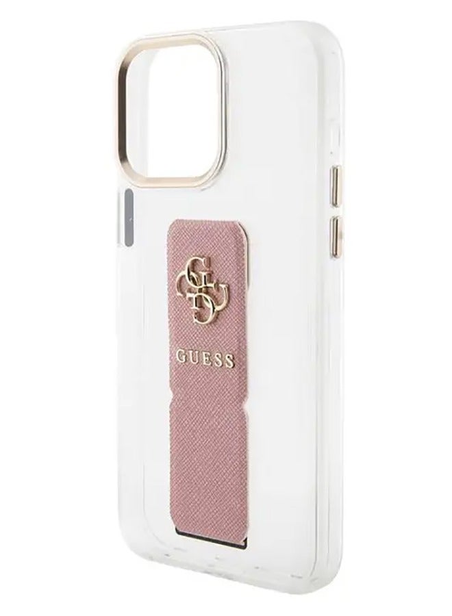 GUESS iPhone 15 Pro Max Case Grip stand Clear Back Cover with Saffiano Grip Leather and 4G Logo / Drop Protection / Easy Snap-On / Slim Profile - Pink - Image 1