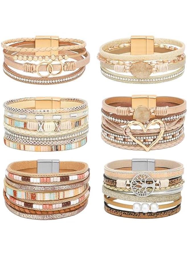 Arabest 6 Pieces Turquoise Bohemian Bracelet for Women Leather Cuff Bracelet Western Multilayer Bracelets Turquoise Wristbands for Women Men - Image 1