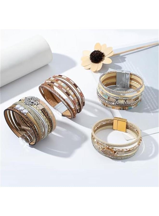 Arabest 6 Pieces Turquoise Bohemian Bracelet for Women Leather Cuff Bracelet Western Multilayer Bracelets Turquoise Wristbands for Women Men - Image 3