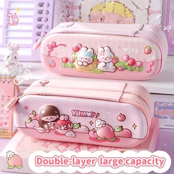 DEOXY Premium 3D Double Layer Pencil Case Eva Large Capacity Zipper Pouch Bag Compass School Organizer Students Kids Stylish Pen Holder Stationery Box (Rabbit) - Image 2