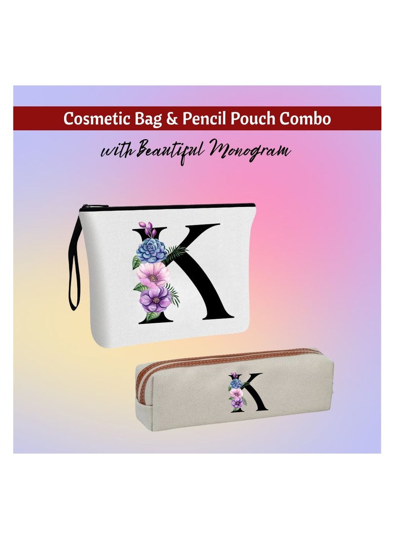 PRINTSHOP4ME Initial Monogram Cosmetic Bag And Floral Pencil Pouch-A-Z Letter Monogram Set For Girls&Women-Gift Set For Friends,Daughters Or Coworkers-Ideal For School,Work&Travel - Image 2