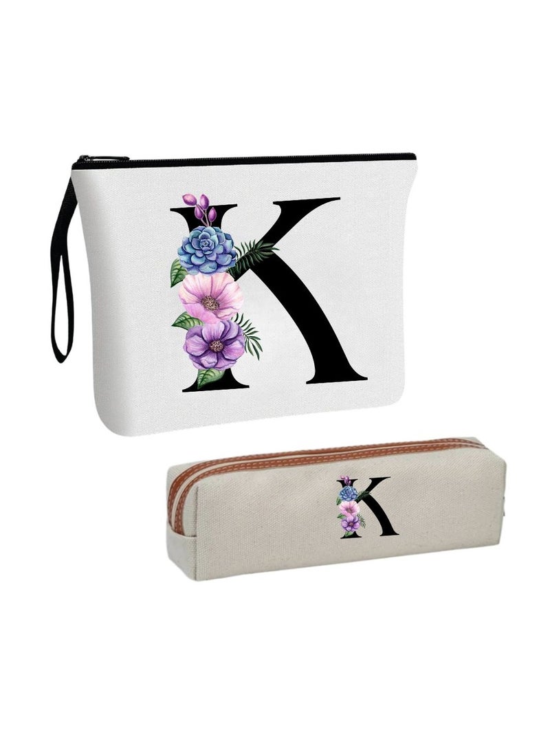PRINTSHOP4ME Initial Monogram Cosmetic Bag And Floral Pencil Pouch-A-Z Letter Monogram Set For Girls&Women-Gift Set For Friends,Daughters Or Coworkers-Ideal For School,Work&Travel - Image 1