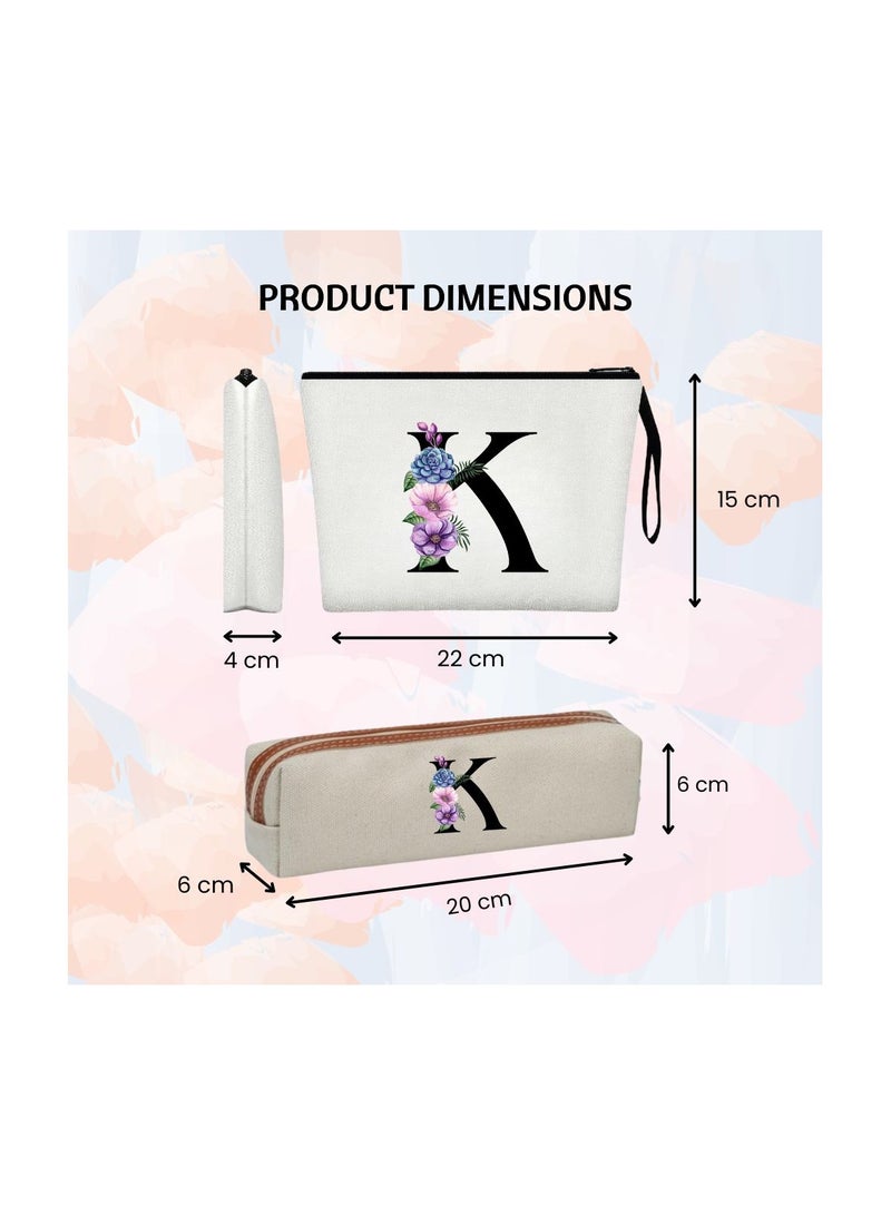 PRINTSHOP4ME Initial Monogram Cosmetic Bag And Floral Pencil Pouch-A-Z Letter Monogram Set For Girls&Women-Gift Set For Friends,Daughters Or Coworkers-Ideal For School,Work&Travel - Image 3