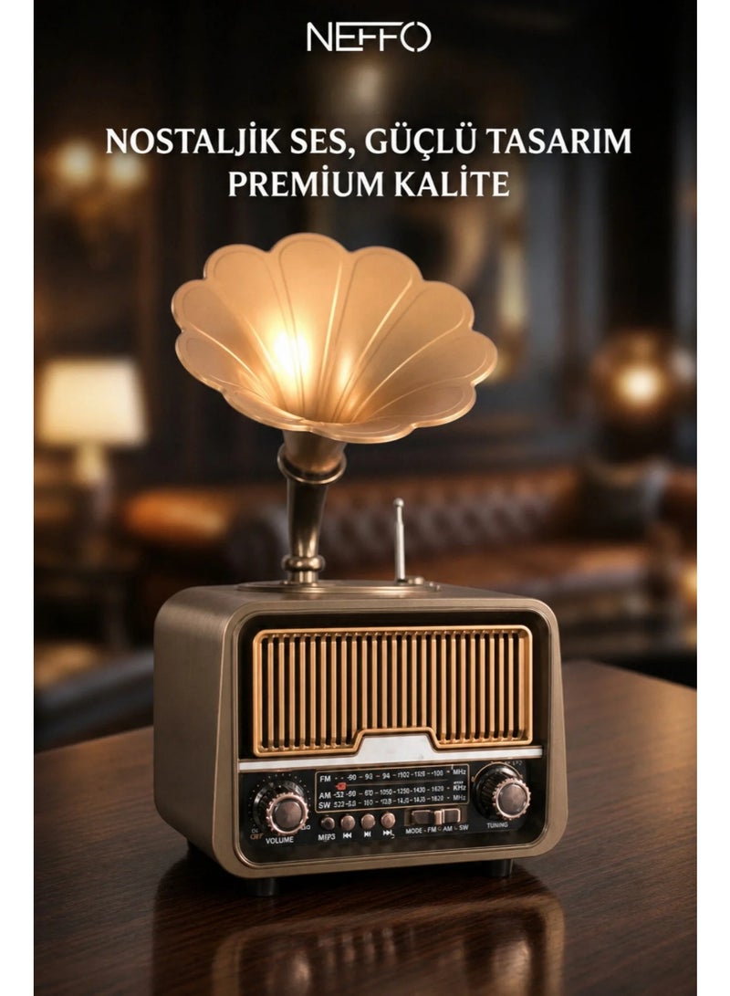 A classic radio featuring a vintage "gramophone" design that blends the charm of the past with modern audio technology. It supports three-band broadcasting (FM/AM/SW) and includes Bluetooth connectivity for streaming audio from mobile devices. Connectivity and Media: It features a USB port for playing content from flash drives and a slot for TF memory cards. Design and Decor: It boasts a premium exterior with a wood-effect finish and a gold-colored metal horn—mimicking the design of antique gramophones—adding an elegant, aesthetic touch to your home decor. - Image 4