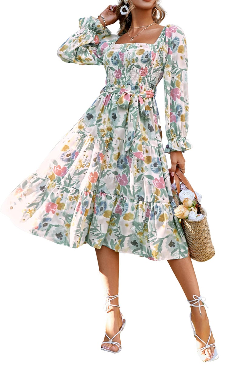 Glamaker Women's Long Sleeve Smocked Square Neck A Line Summer Flowy Midi Dress Multicoloured - Image 1