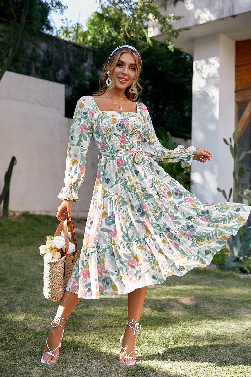 Glamaker Women's Long Sleeve Smocked Square Neck A Line Summer Flowy Midi Dress Multicoloured - Image 4