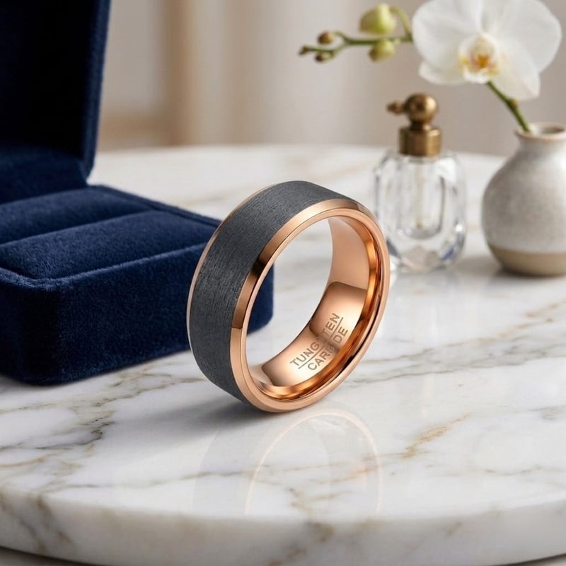 Men's tungsten carbide ring in luxurious gray with a shiny sand texture and rose gold glitter edges, suitable for engagements and happy occasions, for a modern and distinctive elegance! - Image 5