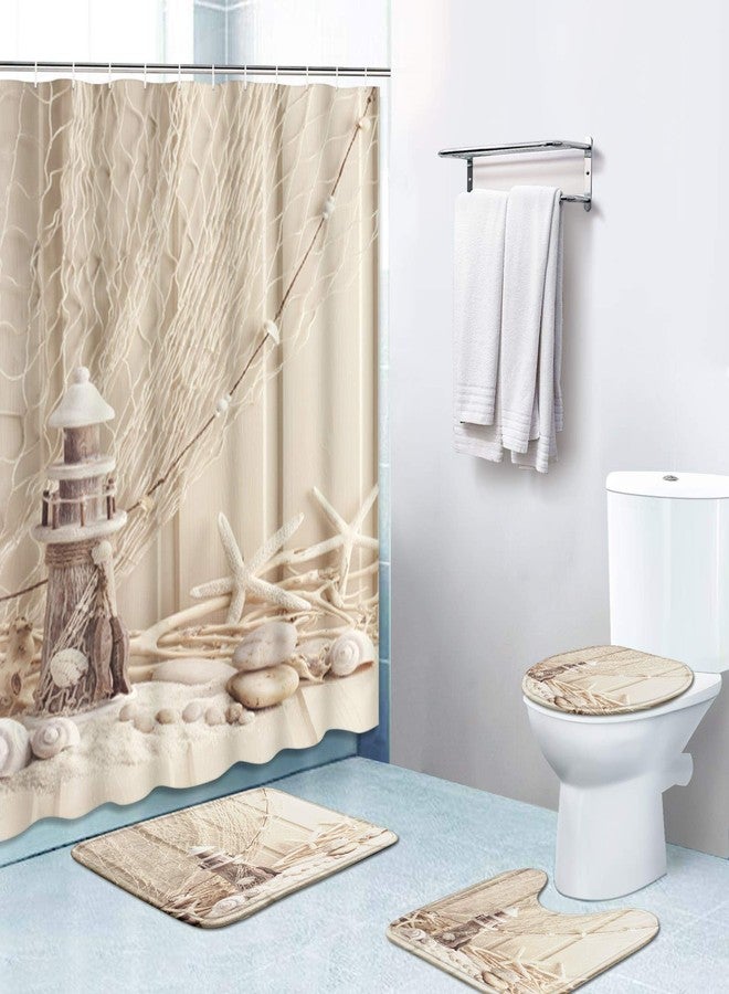 Britimes 4 Piece Shower Curtain Sets, Beach Beige with Non-Slip Rugs, Toilet Lid Cover and Bath Mat, for Bathroom Decor Set, 72" x 72" - Image 1