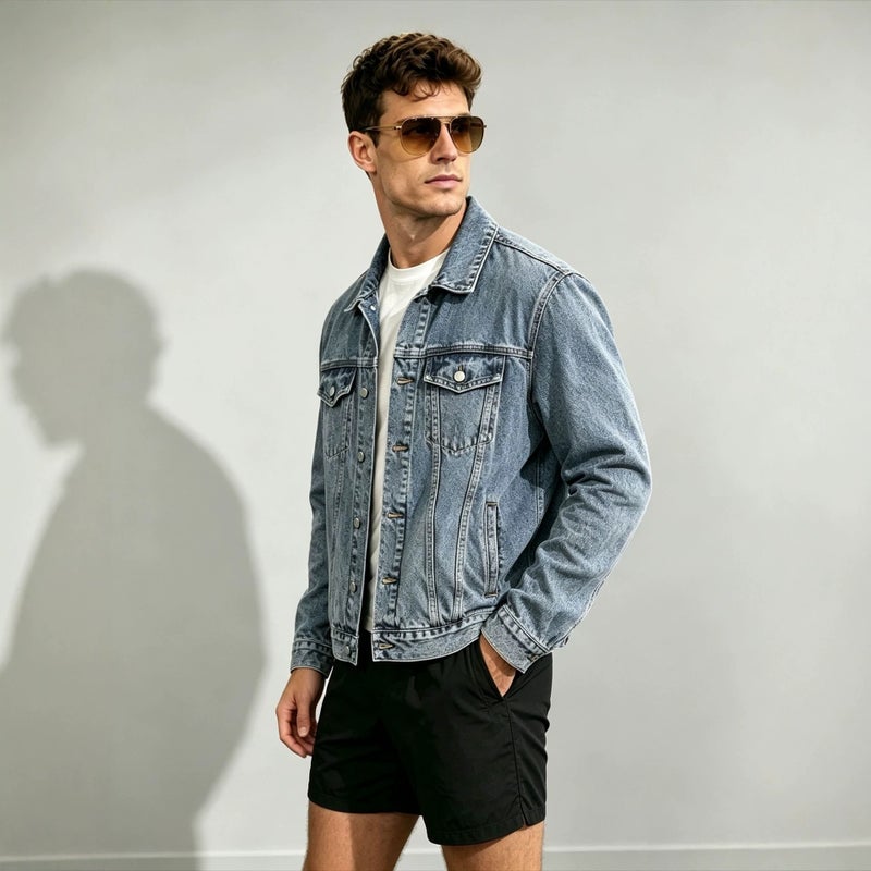 Men's Regular Fit Light Wash Denim Jacket with Long Sleeves - Image 5