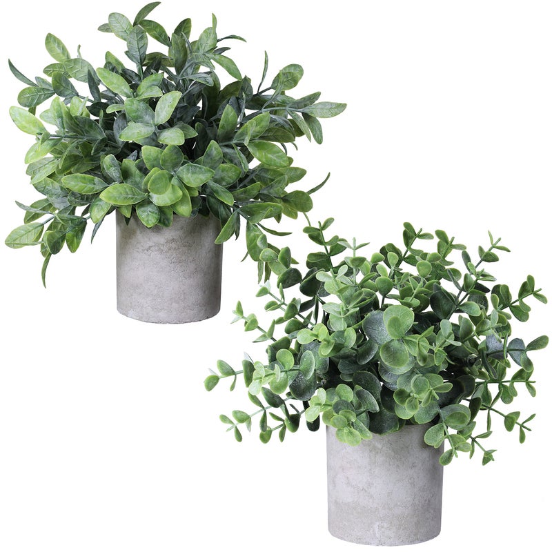 Winlyn Winlyn Set of 2 Faux Mini Potted Plants Artificial Eucalyptus Boxwood Plants in Pots Fake Greenery Arrangement for Rustic Farmhouse Indoor Table Centerpiece Mantel Shelf Kitchen Office Desk Decor  - Image 1