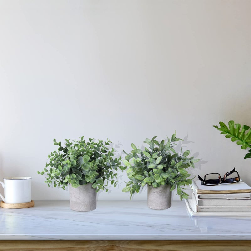 Winlyn Winlyn Set of 2 Faux Mini Potted Plants Artificial Eucalyptus Boxwood Plants in Pots Fake Greenery Arrangement for Rustic Farmhouse Indoor Table Centerpiece Mantel Shelf Kitchen Office Desk Decor  - Image 4