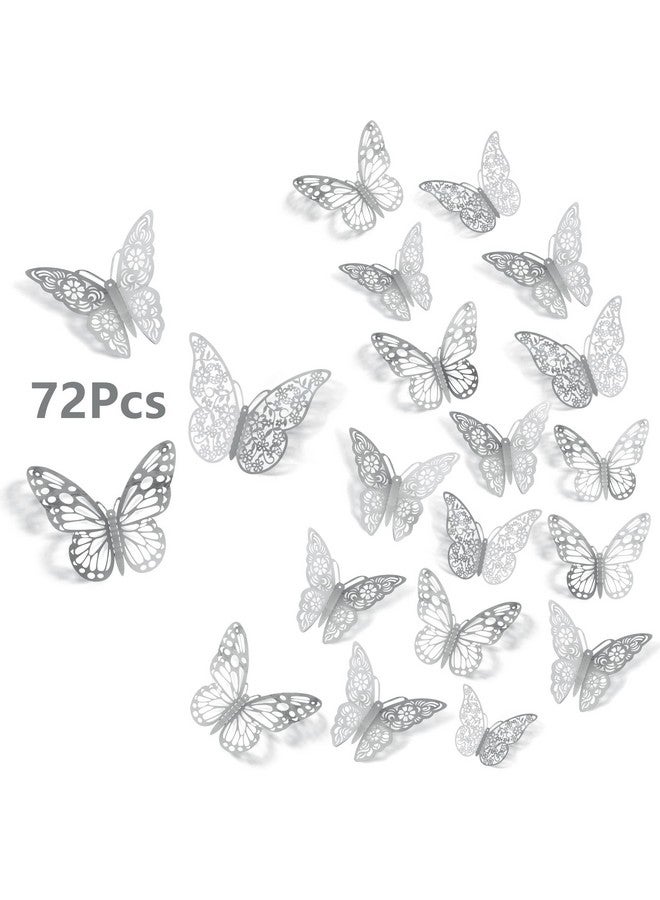 SAOROPEB 3D Butterfly Wall Stickers 72Pcs 3 Sizes 3 Styles Removable Metallic Wall Decals Fridge Sticker Room Mural Decoration For Kids Bedroom Nursery Classroom Party Wedding Decor Diy Gift (Sliver) - Image 1