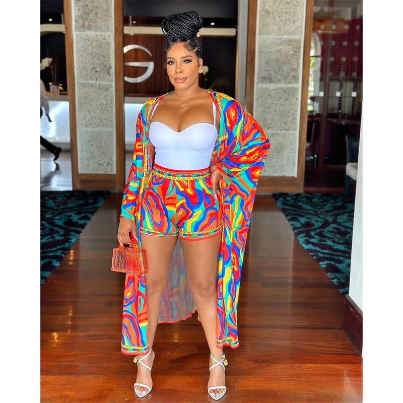 QegarTop Two Piece Vacation Short Sets for Women Chiffon Coverup Kimono Set Flowy Beach Boho Duster M - Image 5