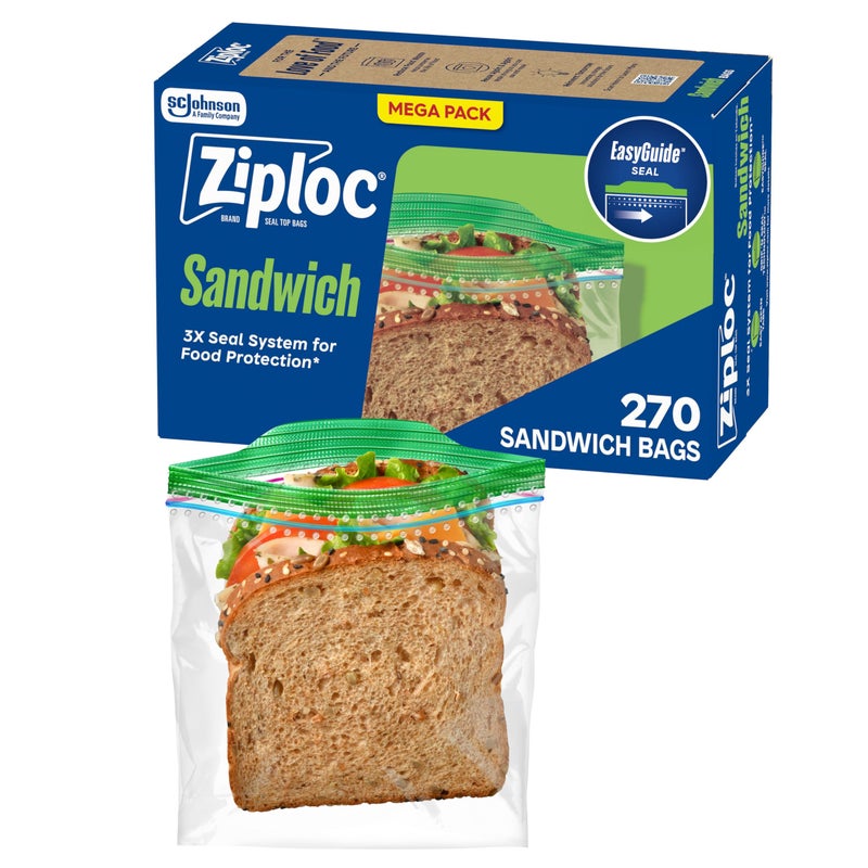 Ziploc Sandwich and Snack Bags with EasyGuide Texture, Plastic Storage Bags with Grip 'n Seal Technology, 270 Bags Total - Image 1