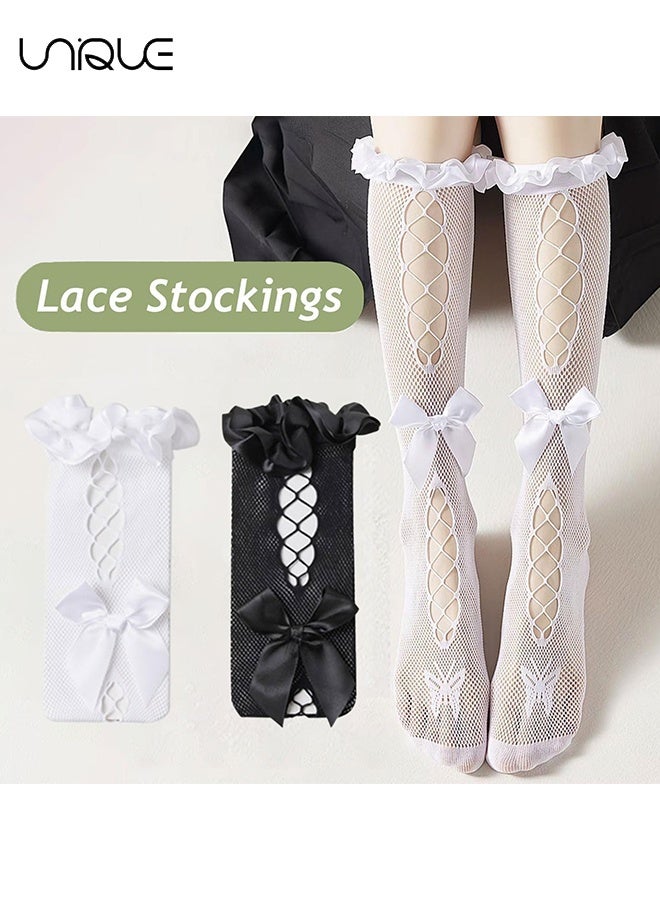 Unique Women’s Lace Knee-Length Socks - 2 Pairs Summer Thin Breathable Long Socks for Girls & Women Black & White Stockings Cute Princess Lolita Style - Black/White - Image 5
