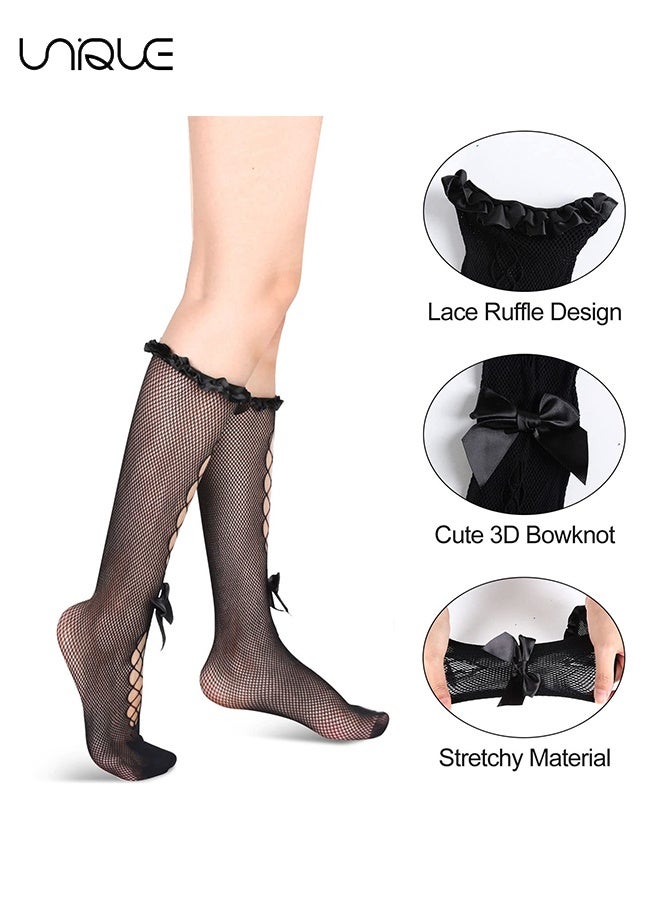 Unique Women’s Lace Knee-Length Socks - 2 Pairs Summer Thin Breathable Long Socks for Girls & Women Black & White Stockings Cute Princess Lolita Style - Black/White - Image 2