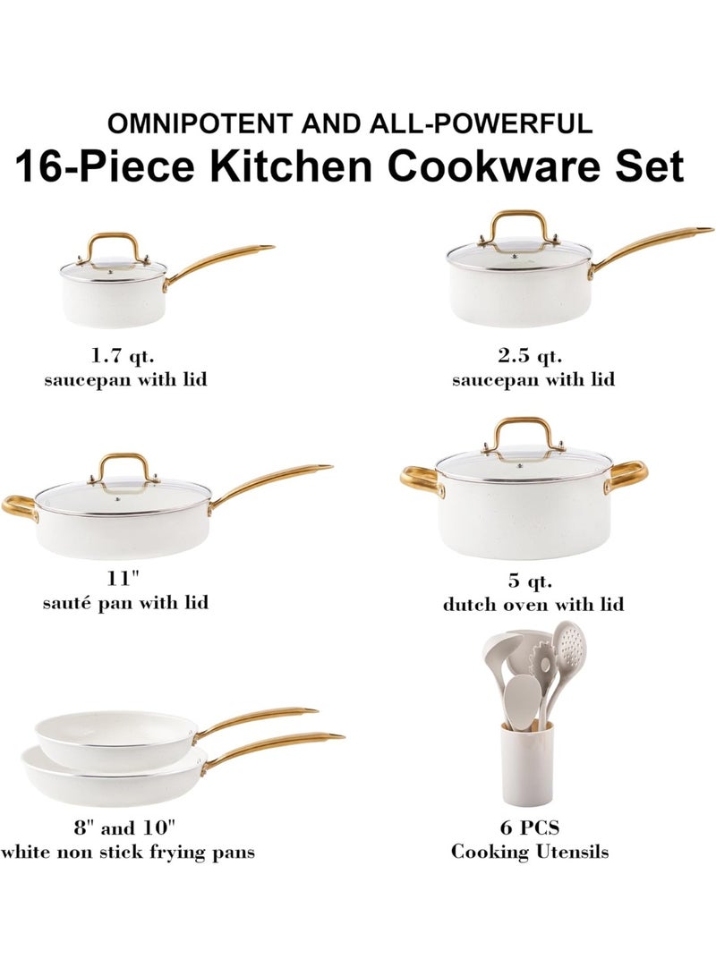 طقم أواني طبخ من السيراميك، يتكون من 16 قطعة غير لاصقة، مع مجموعات أواني المطبخ، طقم أواني طهي غير سامة، طقم مقلاة من الذهب الأبيض، وفرن لوعاء الطهي، وآمن لغسل في غسالة الصحون، هدية. - Image 2
