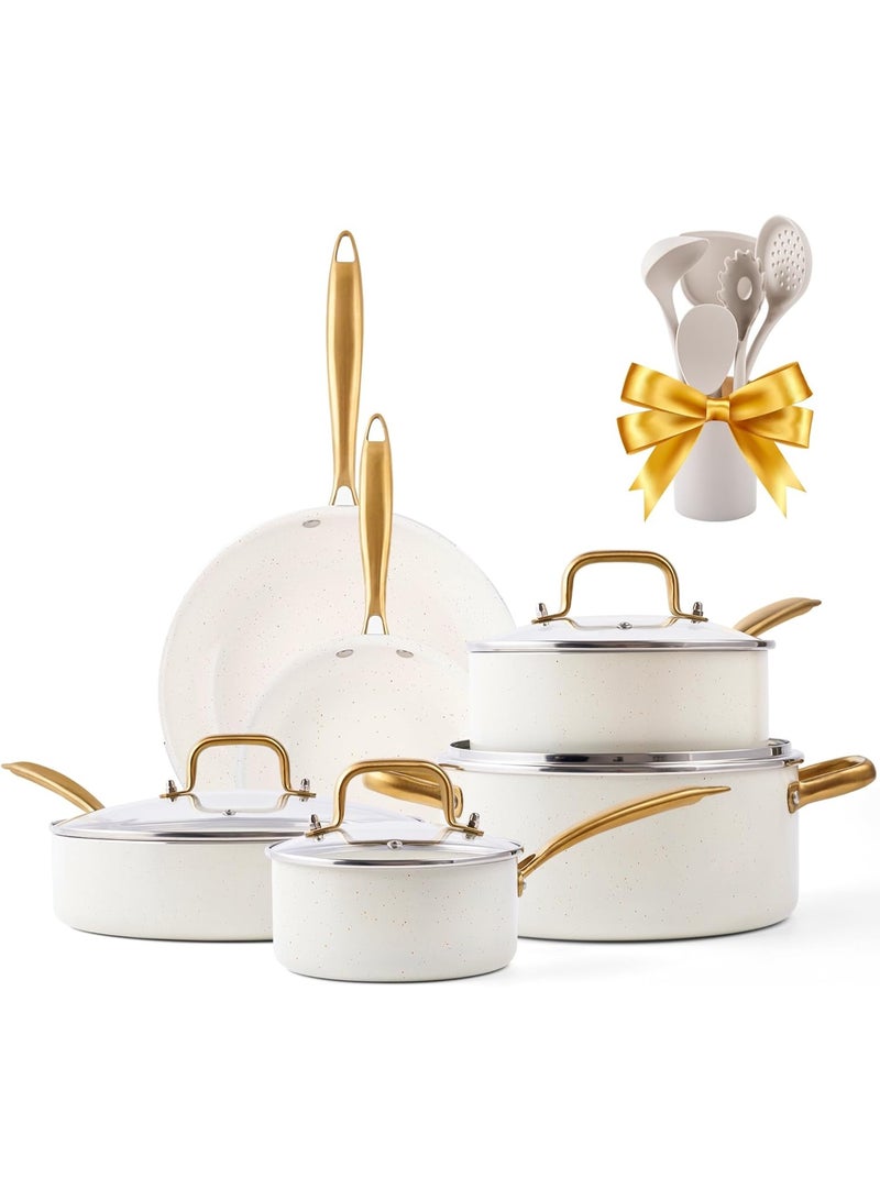 طقم أواني طبخ من السيراميك، يتكون من 16 قطعة غير لاصقة، مع مجموعات أواني المطبخ، طقم أواني طهي غير سامة، طقم مقلاة من الذهب الأبيض، وفرن لوعاء الطهي، وآمن لغسل في غسالة الصحون، هدية. - Image 1