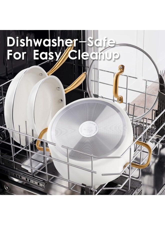 طقم أواني طبخ من السيراميك، يتكون من 16 قطعة غير لاصقة، مع مجموعات أواني المطبخ، طقم أواني طهي غير سامة، طقم مقلاة من الذهب الأبيض، وفرن لوعاء الطهي، وآمن لغسل في غسالة الصحون، هدية. - Image 5