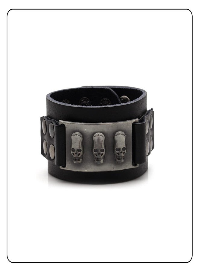 Fusamk Hip Hop Alloy Skull Wristband Leather Cuff Bracelet,7.0-8.0inches - Image 2
