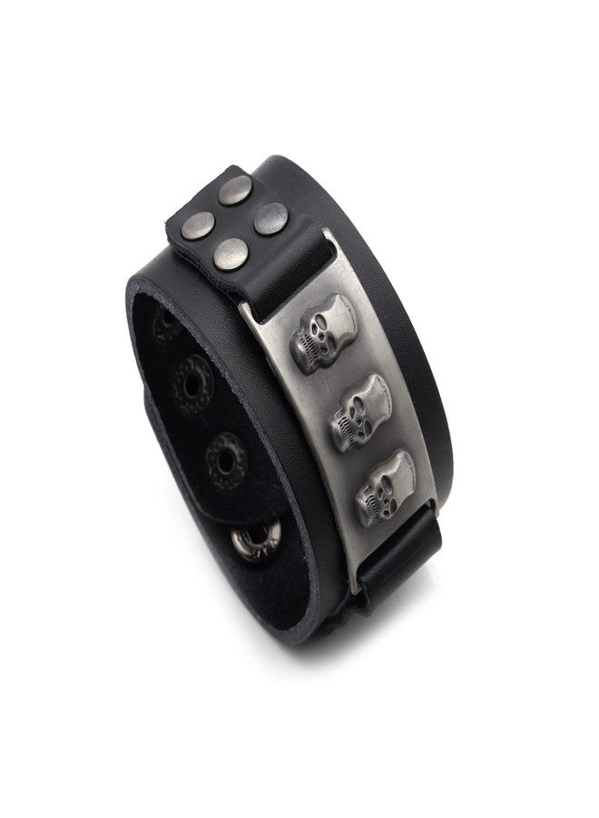 Fusamk Hip Hop Alloy Skull Wristband Leather Cuff Bracelet,7.0-8.0inches - Image 1