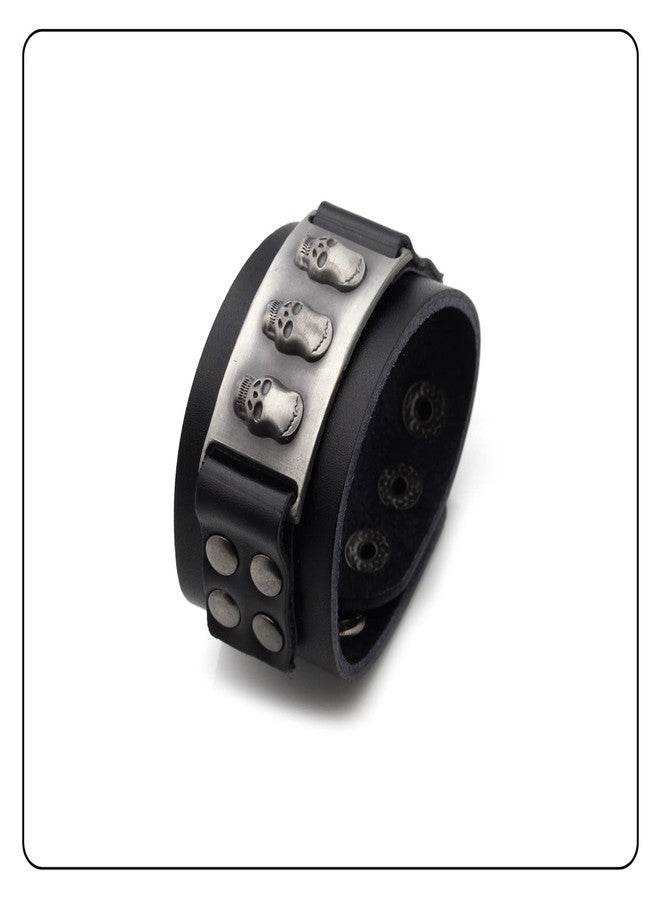 Fusamk Hip Hop Alloy Skull Wristband Leather Cuff Bracelet,7.0-8.0inches - Image 5