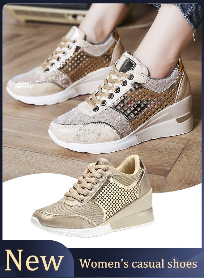 High-heeled women's casual sports shoes with lightweight and stylish height-increasing soles, casual women's shoes with a hidden height design, suitable for dancing, lightweight and comfortable, and featuring a lace-up design.  - Image 1