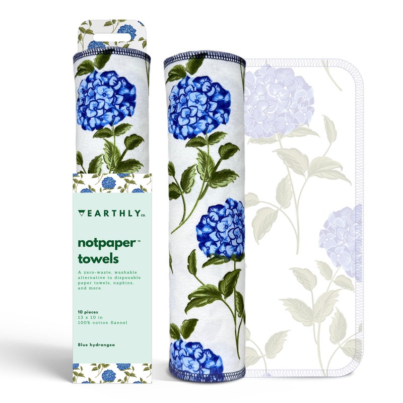 Earthly Co. Reusable Paper Towels - 10 PACK - Roll of Washable Cotton Cloth Paper Towels - Paperless Reusable Napkins Cloth Washable - Absorbent + Long Lasting - Zero Waste Products - (Blue Hydrangea) - Image 1