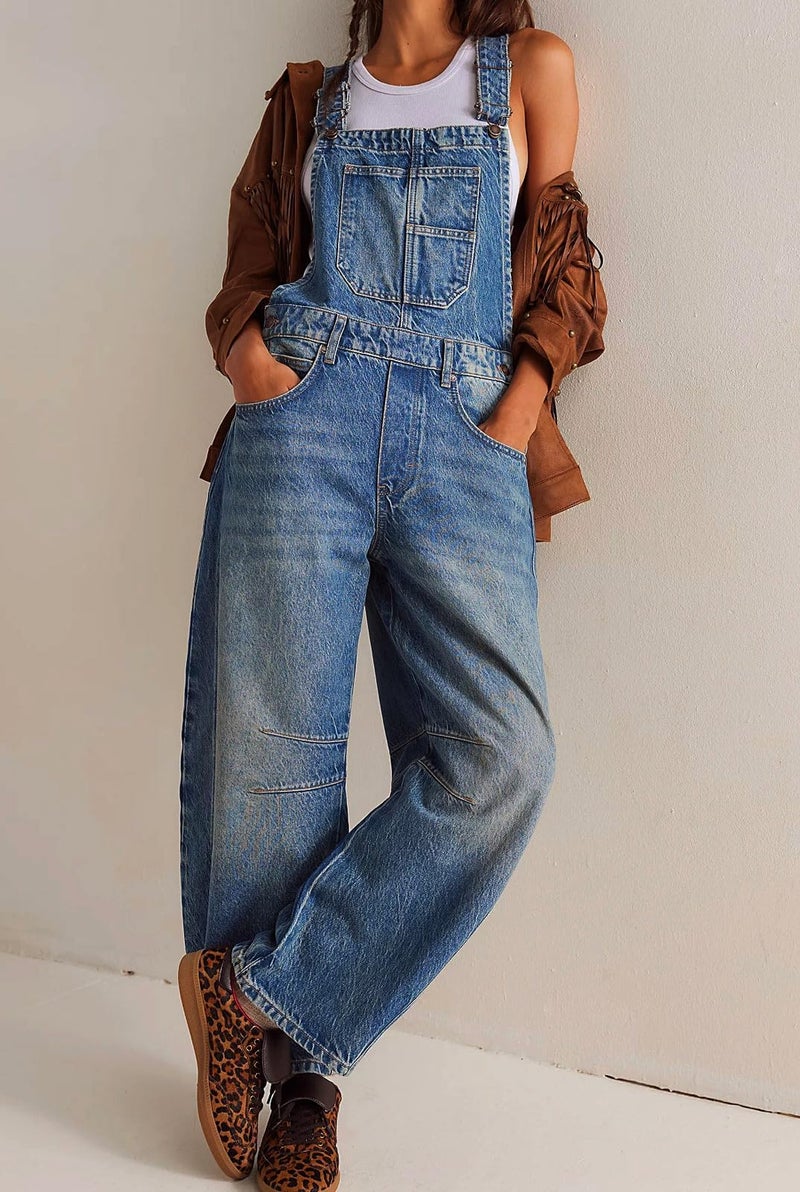 yoeasy Women's Denim Overall Barrel Wide Leg Bib Baggy Jeans Adjustable Strap Denim Romper Stretch Jumpsuit Y2K Pants (X-Large, Blue) - Image 3