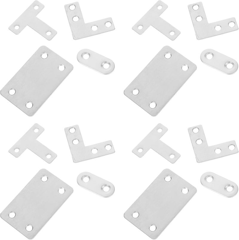 Garneck 22pcs Stainless Steel Flat Mending Plates and L/ Corner Brace Brackets for Wood Furniture Repair, 37x16mm/38x60mm Straight Plates, 40x40mm L and T Angle Braces for Cabinet - Image 1