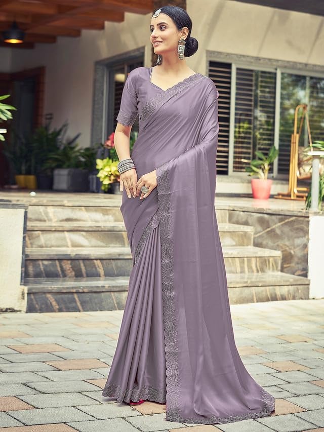 Satrani Women's Satin Silk Dyed, Stone Work Border Saree with Unstitched Blouse Piece (3431S291N_Dull Light Purple) - Image 3