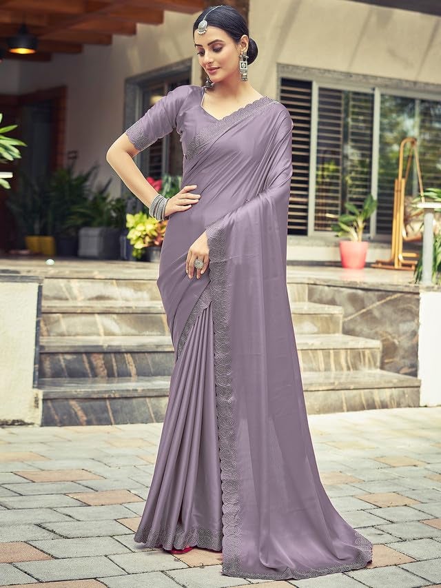 Satrani Women's Satin Silk Dyed, Stone Work Border Saree with Unstitched Blouse Piece (3431S291N_Dull Light Purple) - Image 2
