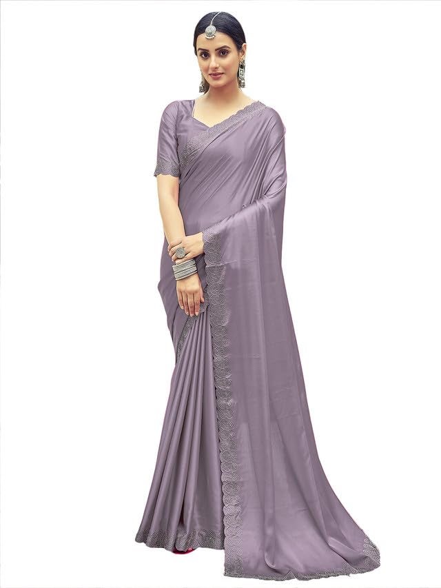 Satrani Women's Satin Silk Dyed, Stone Work Border Saree with Unstitched Blouse Piece (3431S291N_Dull Light Purple) - Image 1
