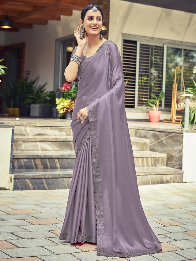 Satrani Women's Satin Silk Dyed, Stone Work Border Saree with Unstitched Blouse Piece (3431S291N_Dull Light Purple) - Image 4