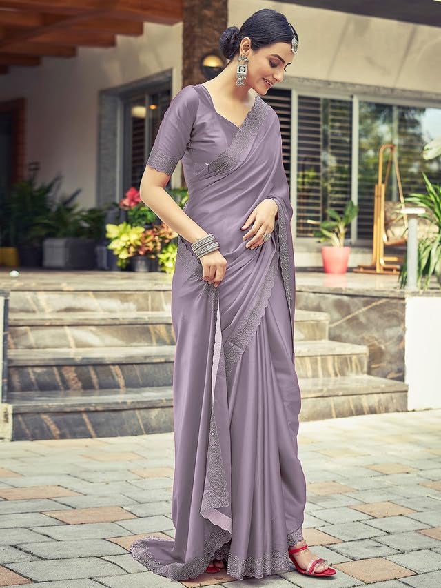 Satrani Women's Satin Silk Dyed, Stone Work Border Saree with Unstitched Blouse Piece (3431S291N_Dull Light Purple) - Image 5