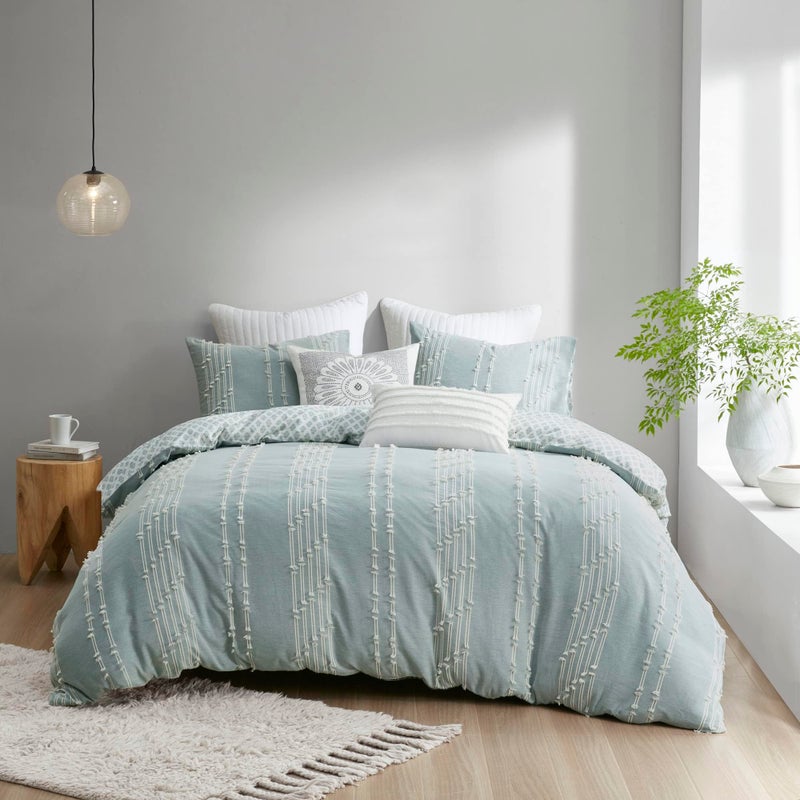 Ink+Ivy INKIVY Kara 100 Cotton Duvet Mid Century Modern Design All Season Comforter Cover Bedding Set Matching Shams FullQueen Jacquard Stripes Aqua 3 Piece