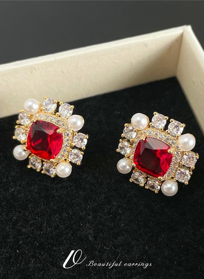 Take Two Square Shape Embellished Earrings with Faux Pearl - Image 1