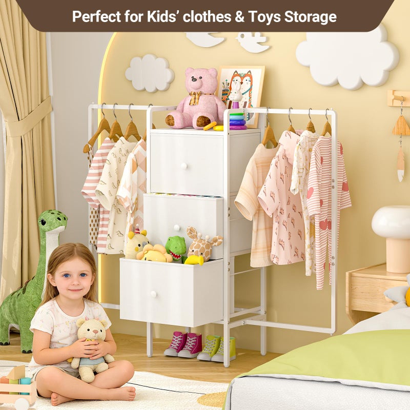 3IngSeagulls Kids Dressers for Bedroom with 2 Hanging Racks, Small Dresser for Bedroom with 3 Drawers, 53'H Faric Chest of Drawers with Clothes Rack, Small White Dresser for Kids with Wooden Top - Image 3