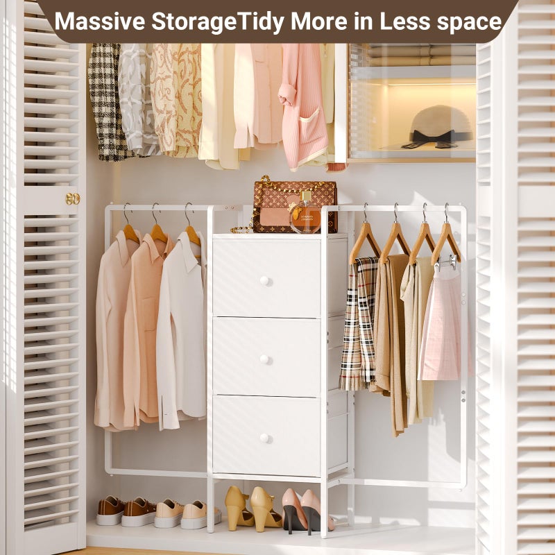 3IngSeagulls Kids Dressers for Bedroom with 2 Hanging Racks, Small Dresser for Bedroom with 3 Drawers, 53'H Faric Chest of Drawers with Clothes Rack, Small White Dresser for Kids with Wooden Top - Image 2