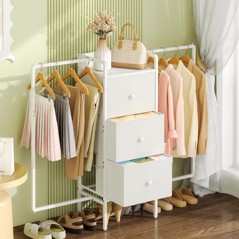 3IngSeagulls Kids Dressers for Bedroom with 2 Hanging Racks, Small Dresser for Bedroom with 3 Drawers, 53'H Faric Chest of Drawers with Clothes Rack, Small White Dresser for Kids with Wooden Top - Image 1