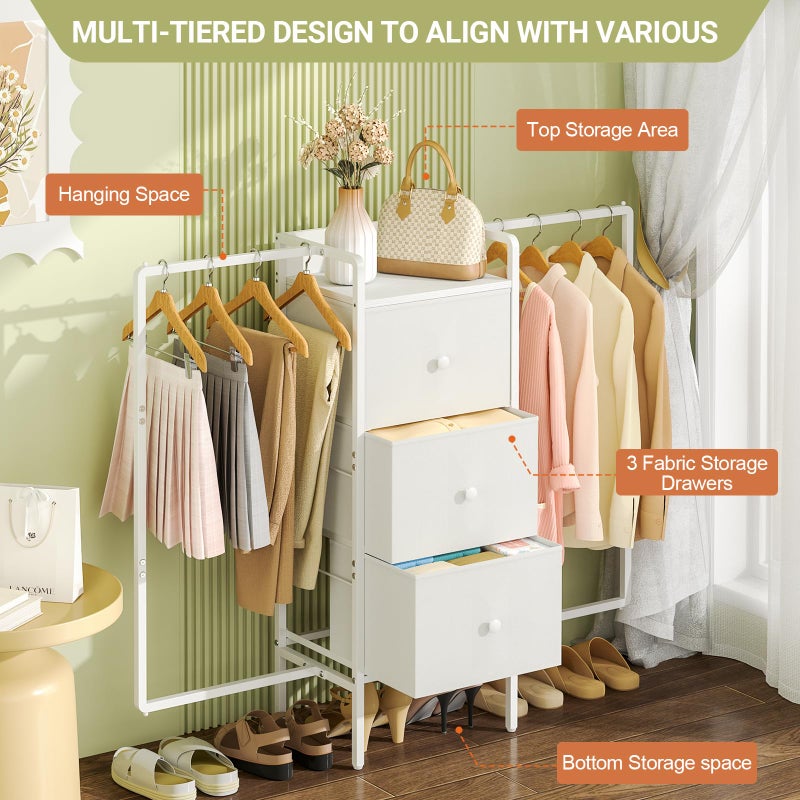 3IngSeagulls Kids Dressers for Bedroom with 2 Hanging Racks, Small Dresser for Bedroom with 3 Drawers, 53'H Faric Chest of Drawers with Clothes Rack, Small White Dresser for Kids with Wooden Top - Image 4