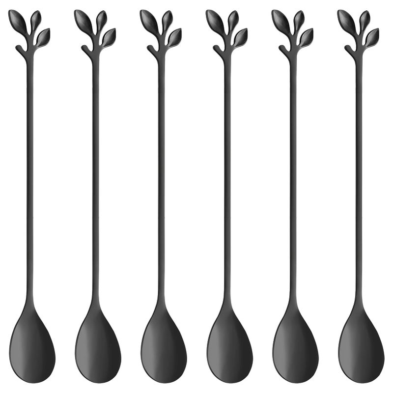 AnSaw 6Piece Elegant Black Leaf Long Handle Teaspoons 74 Stainless Steel Stir Spoons for Coffee Tea Perfect for Mixing Stirring