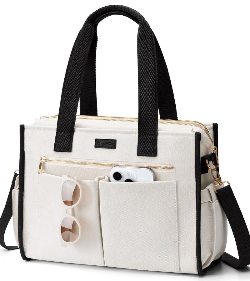 Bagstellar Canvas Tote Bag for Women, 15-Pocket Large Crossbody Purse Shoulder Satchel Handbag Bible Laptop Bag Zipper Bookbag for Teacher Nurse Work Travel College Everyday - Image 1