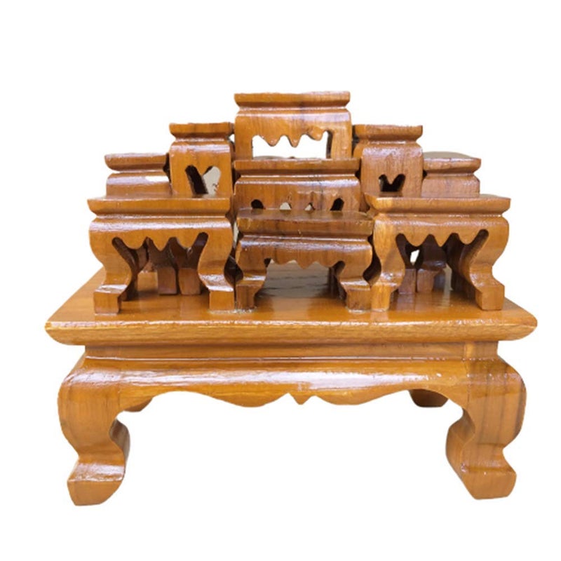 Cozinest Small Altar Thai Buddha Worship Wood Set 9 Amulet Miniature Table Teak Shelf Home Decor 4 x 6