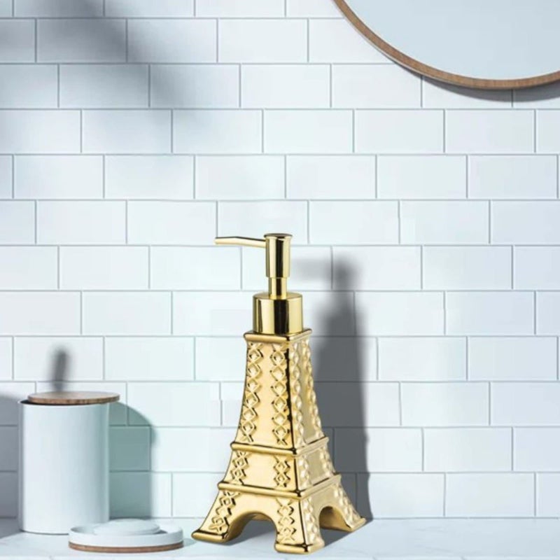 FabSeasons Gold Luxury Eiffel Tower Shaped Ceramic Soap Dispenser Bottle, 200ml Capacity, Lotion Dispenser - Image 2