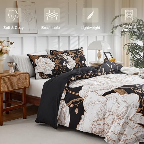 mixinni Floral Duvet Cover King Size, 3 Pieces White Flowers and Gold Leaves Printed on Black Bedding Set, Soft Premium Cotton Reversible Elegant Floral Duvet Cover Set for All Season-King Size - Image 2
