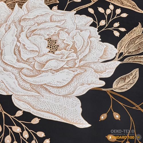 mixinni Floral Duvet Cover King Size, 3 Pieces White Flowers and Gold Leaves Printed on Black Bedding Set, Soft Premium Cotton Reversible Elegant Floral Duvet Cover Set for All Season-King Size - Image 5