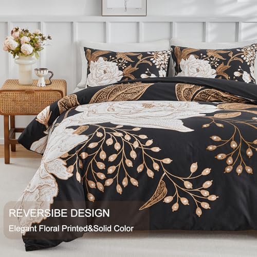 mixinni Floral Duvet Cover King Size, 3 Pieces White Flowers and Gold Leaves Printed on Black Bedding Set, Soft Premium Cotton Reversible Elegant Floral Duvet Cover Set for All Season-King Size - Image 3